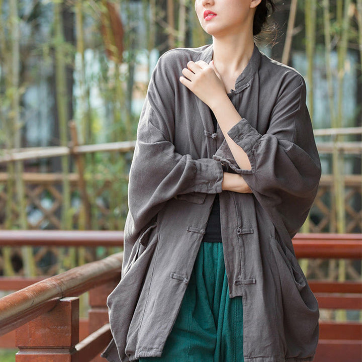 Veste ouverte à manches longues et boutons grenouille Buddha Stones pour méditation zen avec poches