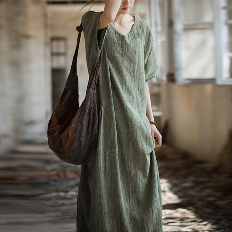 Robe mi-longue à col en V en lin à manches courtes et teinture faite à la main Buddha Stones - Vert (Tour de poitrine 120 cm / Longueur 120 cm) (Robe uniquement) - image 0