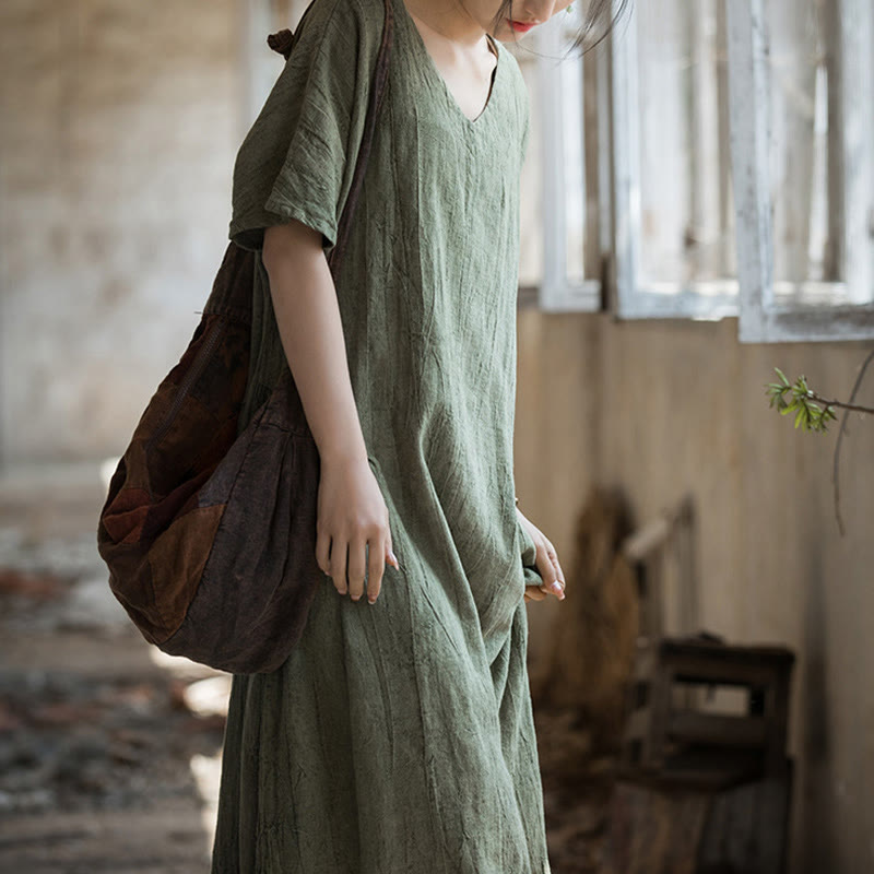 Robe mi-longue à col en V en lin à manches courtes et teinture faite à la main Buddha Stones - image 3
