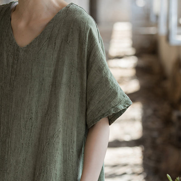 Robe mi-longue à col en V en lin à manches courtes et teinture faite à la main Buddha Stones - image 5