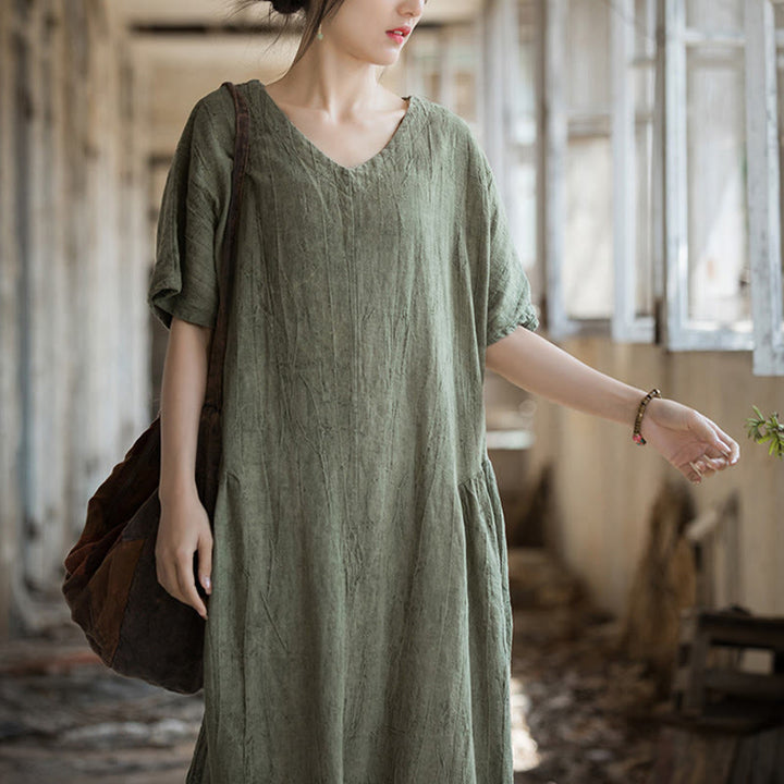 Robe mi-longue à col en V en lin à manches courtes et teinture faite à la main Buddha Stones - image 1