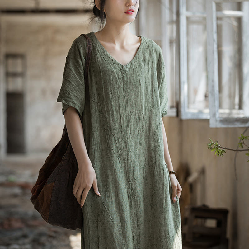 Robe mi-longue à col en V en lin à manches courtes et teinture faite à la main Buddha Stones - image 2