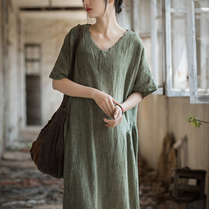 Robe mi-longue à col en V en lin à manches courtes et teinture faite à la main Buddha Stones - image 4