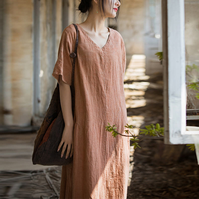 Robe mi-longue à col en V en lin à manches courtes et teinture faite à la main Buddha Stones - Orange (Tour de poitrine 120 cm / Longueur 120 cm) (Robe uniquement) - image 8