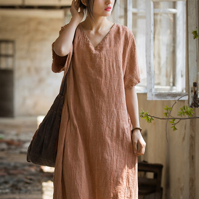 Robe mi-longue à col en V en lin à manches courtes et teinture faite à la main Buddha Stones - image 9