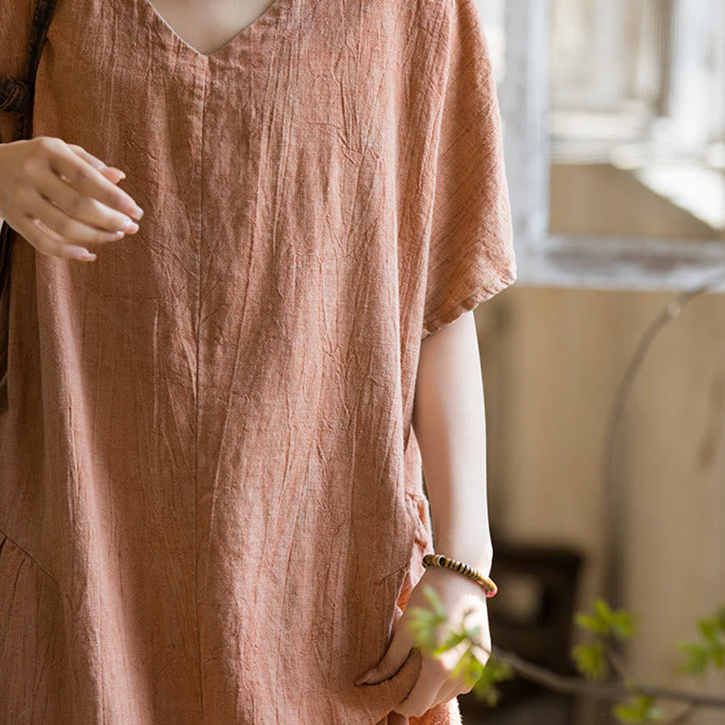 Robe mi-longue à col en V en lin à manches courtes et teinture faite à la main Buddha Stones - image 16