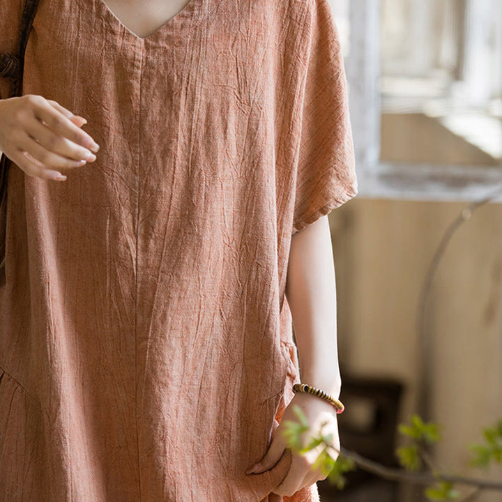 Robe mi-longue à col en V en lin à manches courtes et teinture faite à la main Buddha Stones - image 16