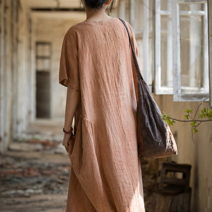 Robe mi-longue à col en V en lin à manches courtes et teinture faite à la main Buddha Stones - image 11