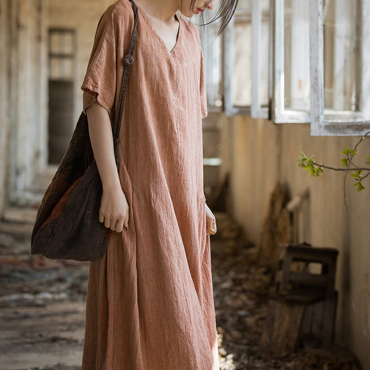 Robe mi-longue à col en V en lin à manches courtes et teinture faite à la main Buddha Stones - image 12