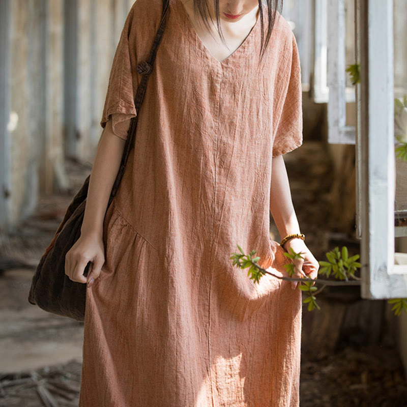 Robe mi-longue à col en V en lin à manches courtes et teinture faite à la main Buddha Stones - image 15