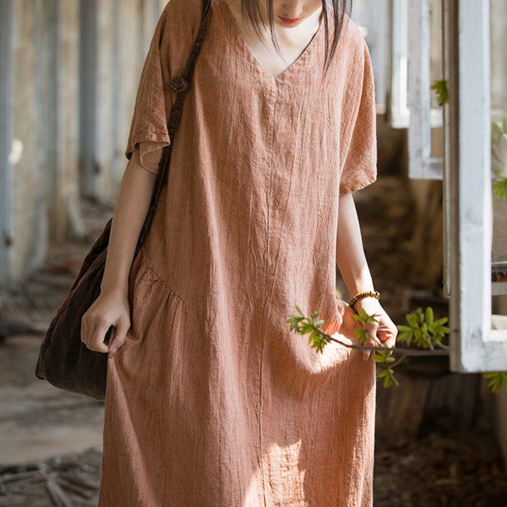 Robe mi-longue à col en V en lin à manches courtes et teinture faite à la main Buddha Stones - image 15