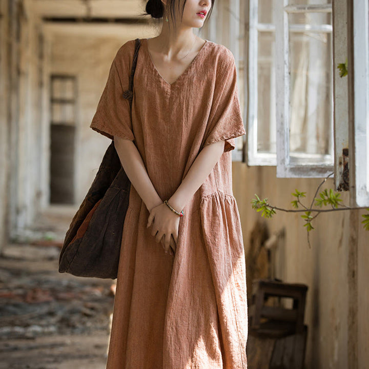 Robe mi-longue à col en V en lin à manches courtes et teinture faite à la main Buddha Stones - image 13