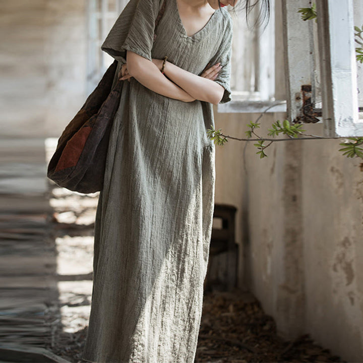 Robe mi-longue à col en V en lin à manches courtes et teinture faite à la main Buddha Stones - image 24