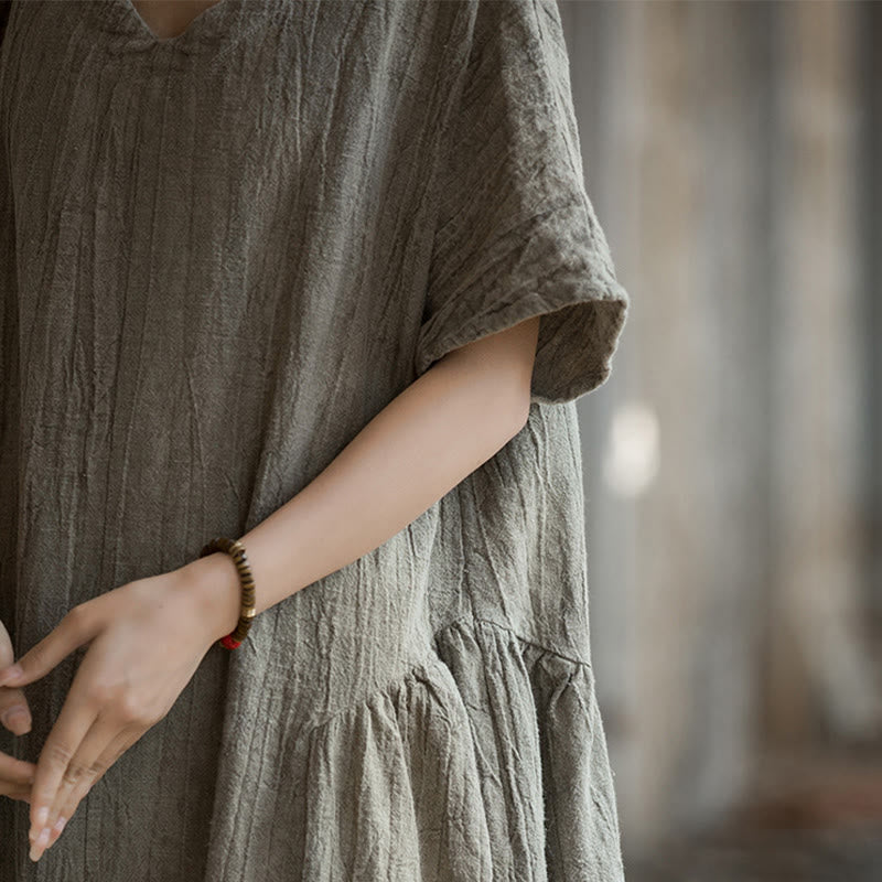 Robe mi-longue à col en V en lin à manches courtes et teinture faite à la main Buddha Stones - image 25