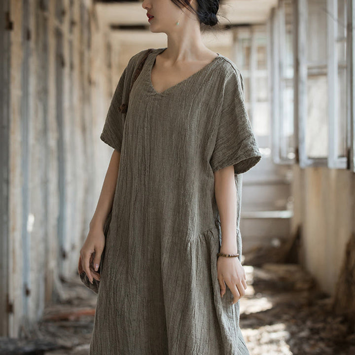 Robe mi-longue à col en V en lin à manches courtes et teinture faite à la main Buddha Stones - image 21