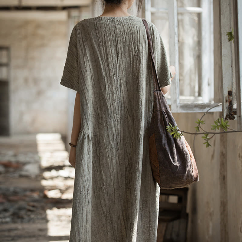 Robe mi-longue à col en V en lin à manches courtes et teinture faite à la main Buddha Stones - image 19