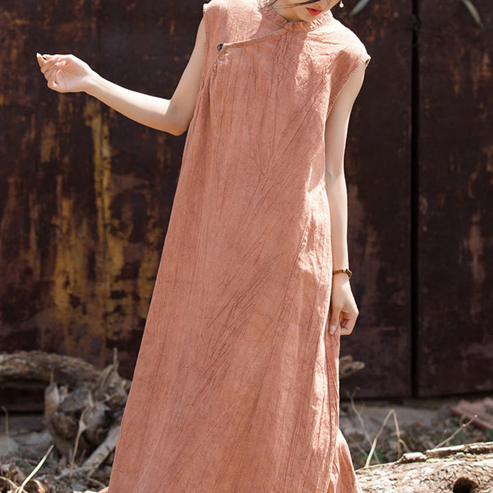 Robe mi-longue en lin sans manches avec Buddha Stones, faite à la main et teinte par nouage - Orange (Tour de poitrine 116 cm / Largeur d'épaules 39 cm / Longueur 115 cm) (Robe uniquement) - image 0