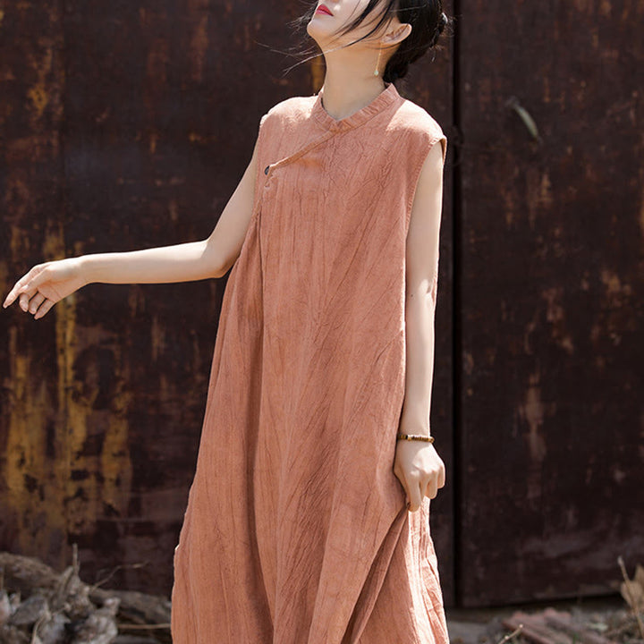 Robe mi-longue en lin sans manches avec Buddha Stones, faite à la main et teinte par nouage