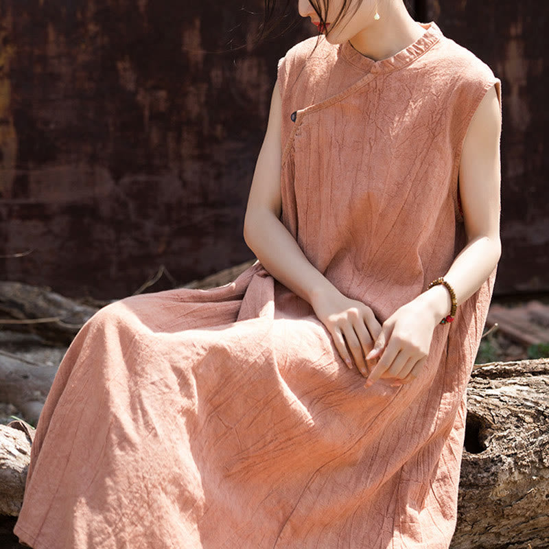Robe mi-longue en lin sans manches avec Buddha Stones, faite à la main et teinte par nouage