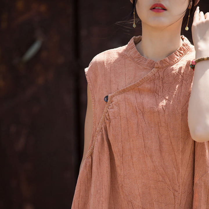 Robe mi-longue en lin sans manches avec Buddha Stones, faite à la main et teinte par nouage