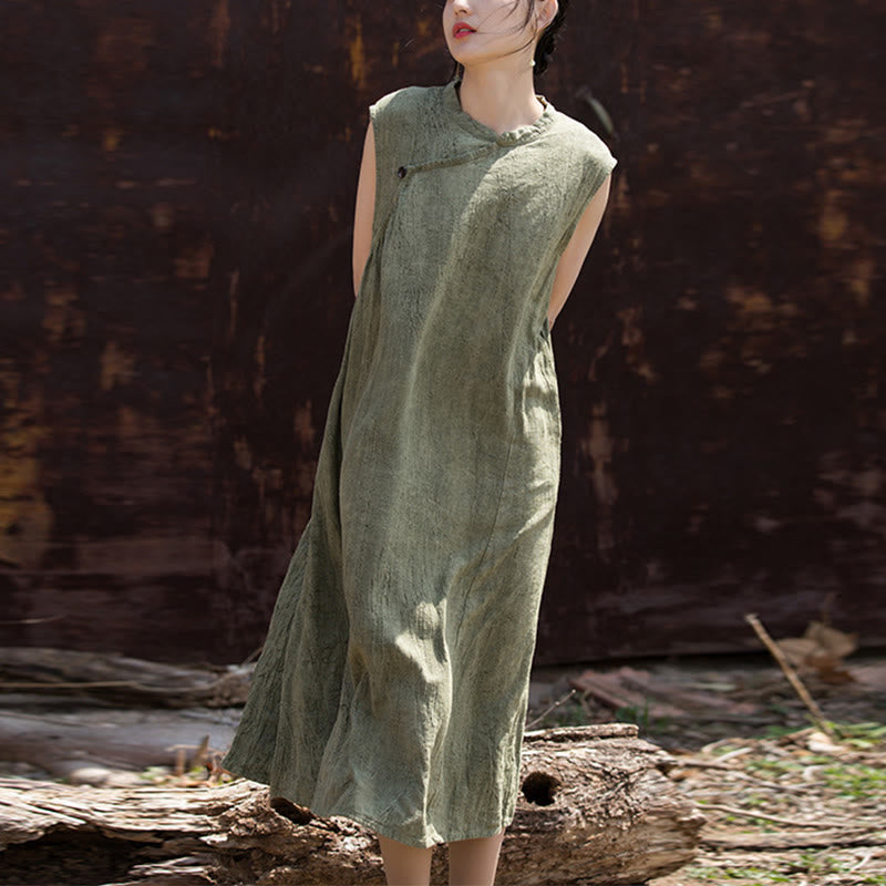 Robe mi-longue en lin sans manches avec Buddha Stones, faite à la main et teinte par nouage