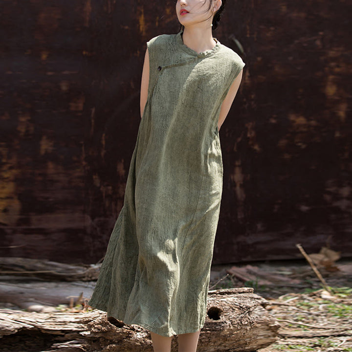 Robe mi-longue en lin sans manches avec Buddha Stones, faite à la main et teinte par nouage