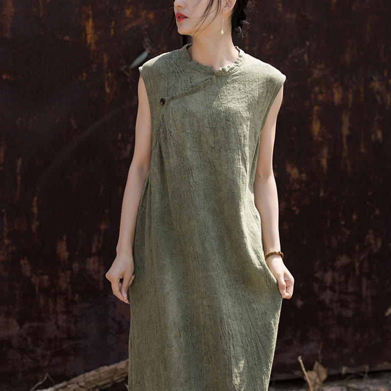 Robe mi-longue en lin sans manches avec Buddha Stones, faite à la main et teinte par nouage