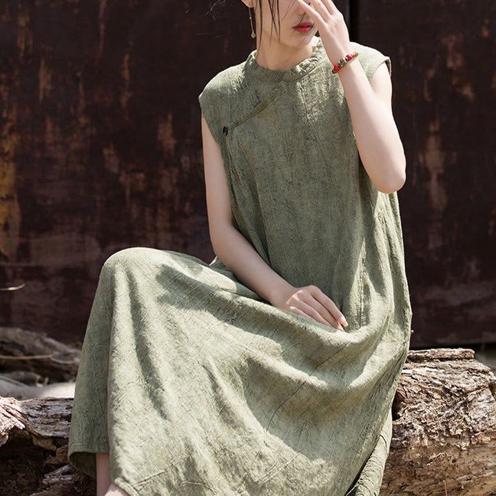 Robe mi-longue en lin sans manches avec Buddha Stones, faite à la main et teinte par nouage
