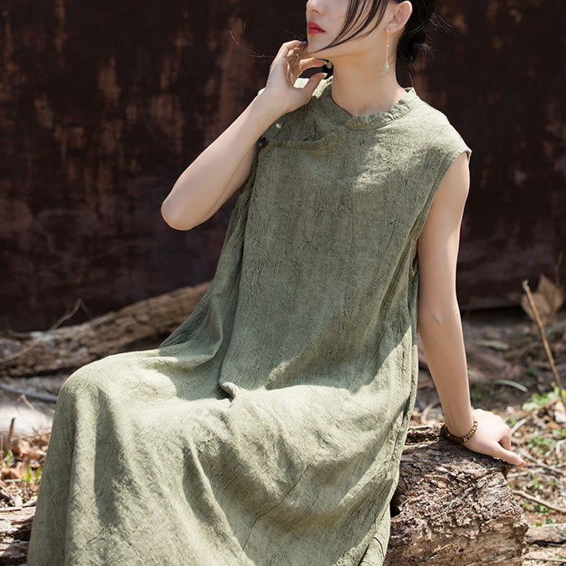 Robe mi-longue en lin sans manches avec Buddha Stones, faite à la main et teinte par nouage