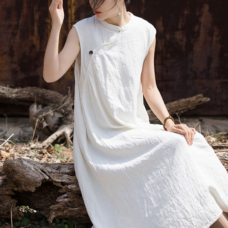 Robe mi-longue en lin sans manches avec Buddha Stones, faite à la main et teinte par nouage