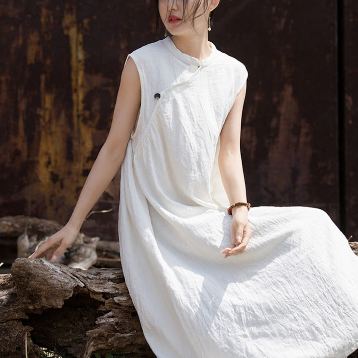 Robe mi-longue en lin sans manches avec Buddha Stones, faite à la main et teinte par nouage
