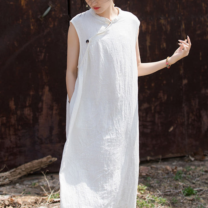 Robe mi-longue en lin sans manches avec Buddha Stones, faite à la main et teinte par nouage