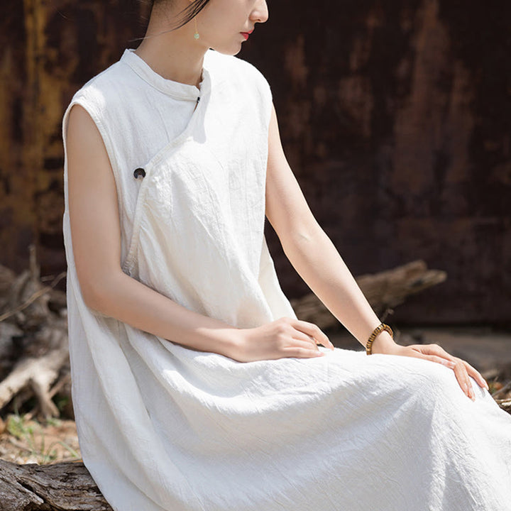Robe mi-longue en lin sans manches avec Buddha Stones, faite à la main et teinte par nouage
