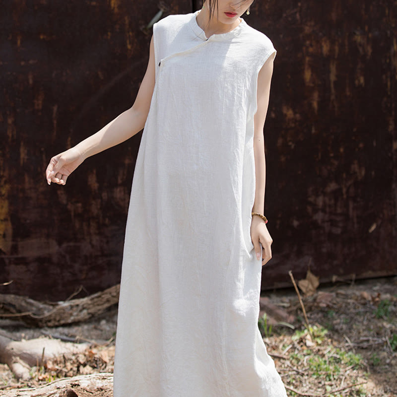 Robe mi-longue en lin sans manches avec Buddha Stones, faite à la main et teinte par nouage