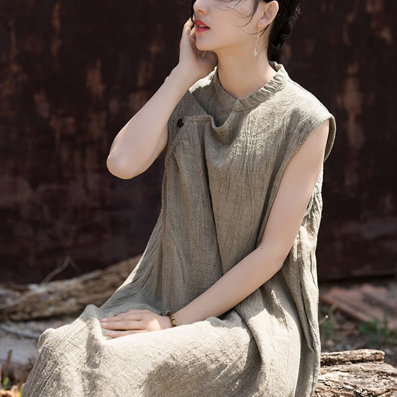 Robe mi-longue en lin sans manches avec Buddha Stones, faite à la main et teinte par nouage