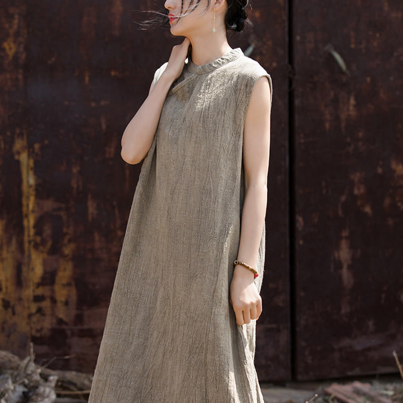Robe mi-longue en lin sans manches avec Buddha Stones, faite à la main et teinte par nouage