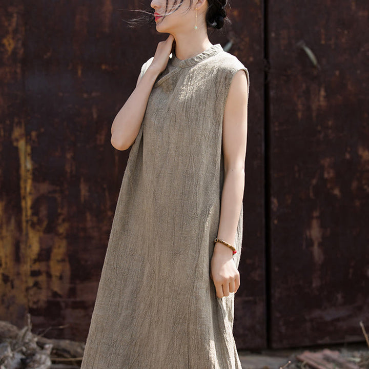 Robe mi-longue en lin sans manches avec Buddha Stones, faite à la main et teinte par nouage