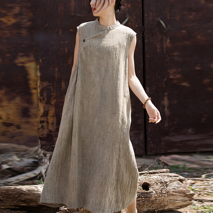 Robe mi-longue en lin sans manches avec Buddha Stones, faite à la main et teinte par nouage - Beige (Tour de poitrine 116 cm / Largeur d'épaules 39 cm / Longueur 115 cm) (Robe uniquement) - image 19