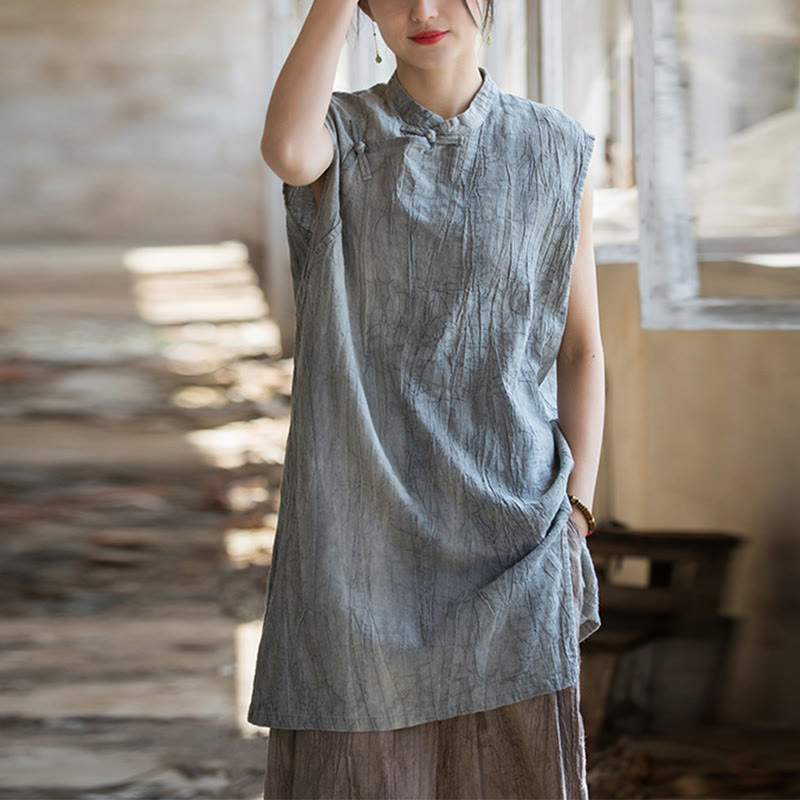 Gilet sans manches à boutons-grenouille en lin ramie teinté à la main Buddha Stones - image 1