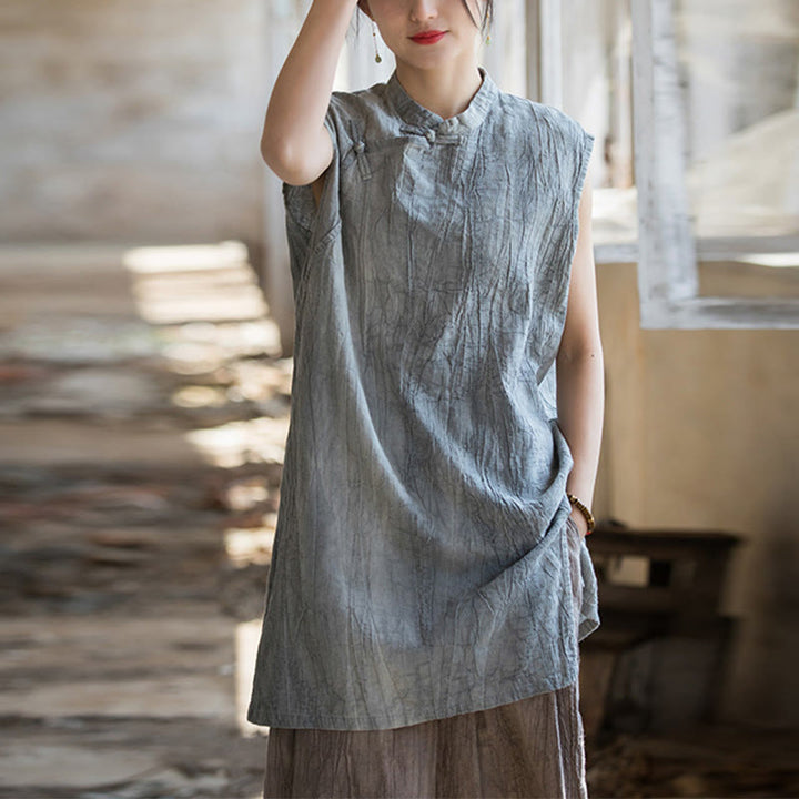 Gilet sans manches à boutons-grenouille en lin ramie teinté à la main Buddha Stones - image 1