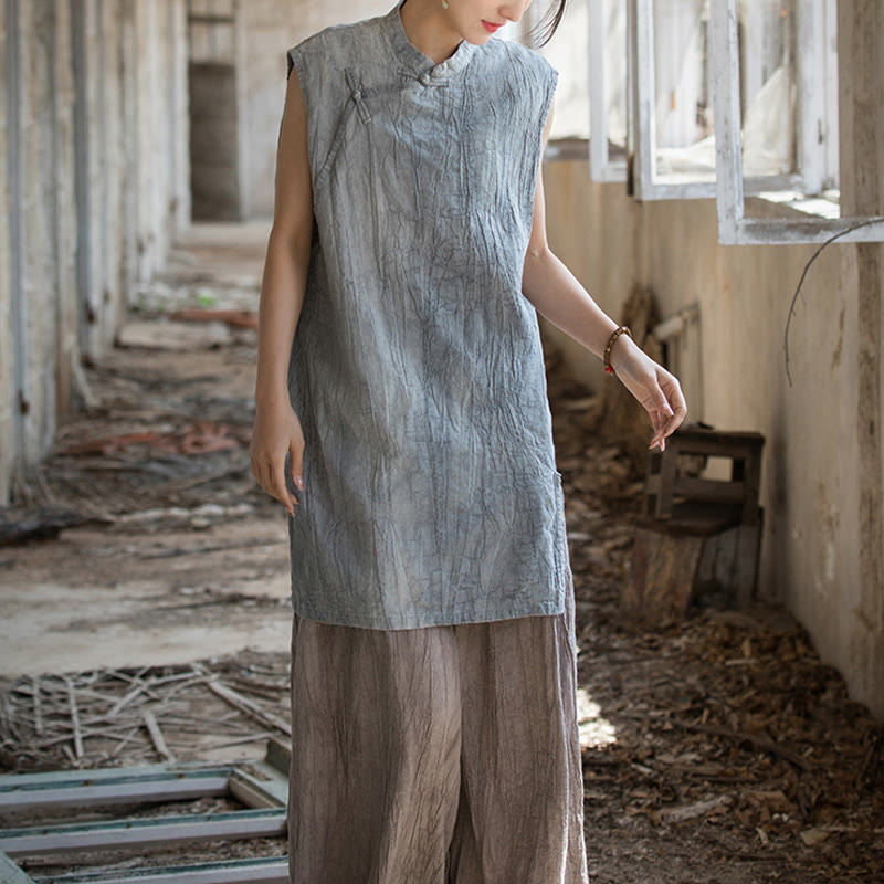 Gilet sans manches à boutons-grenouille en lin ramie teinté à la main Buddha Stones - image 7