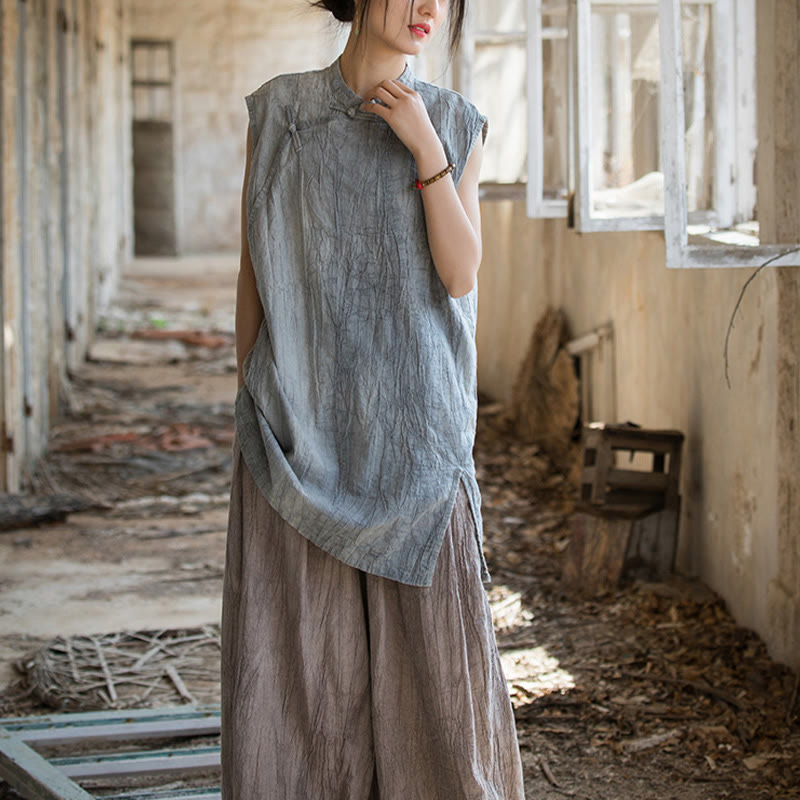 Gilet sans manches à boutons-grenouille en lin ramie teinté à la main Buddha Stones - image 6