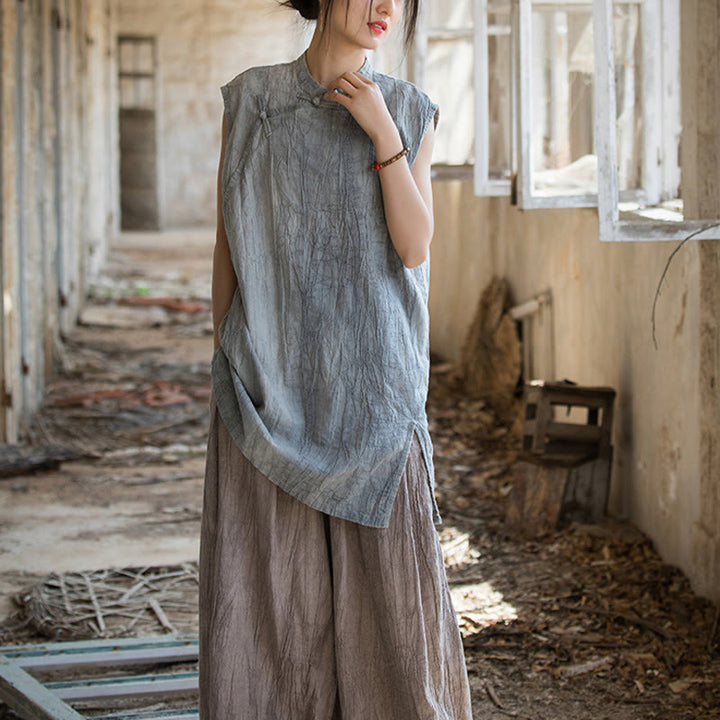 Gilet sans manches à boutons-grenouille en lin ramie teinté à la main Buddha Stones - image 6