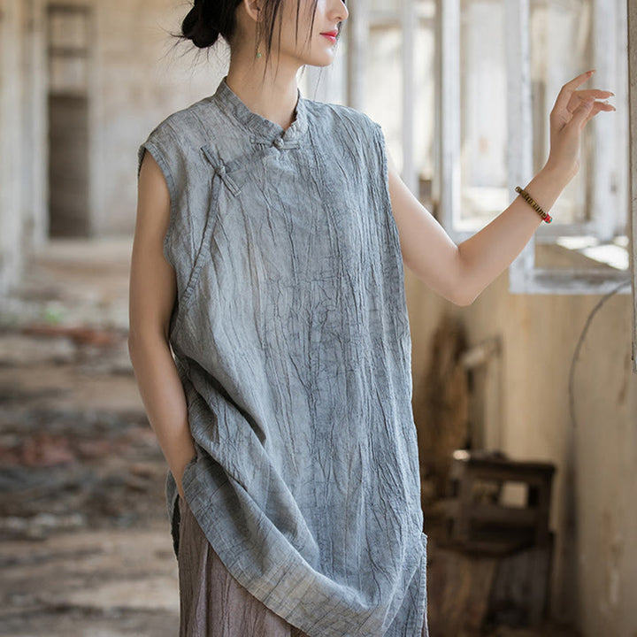 Gilet sans manches à boutons-grenouille en lin ramie teinté à la main Buddha Stones - image 2