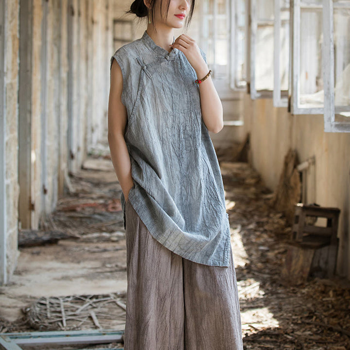 Gilet sans manches à boutons-grenouille en lin ramie teinté à la main Buddha Stones - image 5