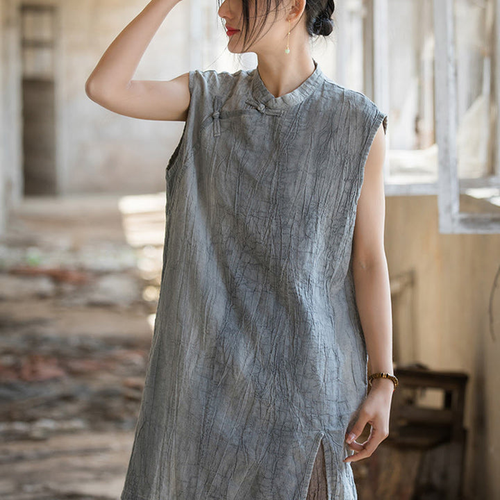 Gilet sans manches à boutons-grenouille en lin ramie teinté à la main Buddha Stones - image 3