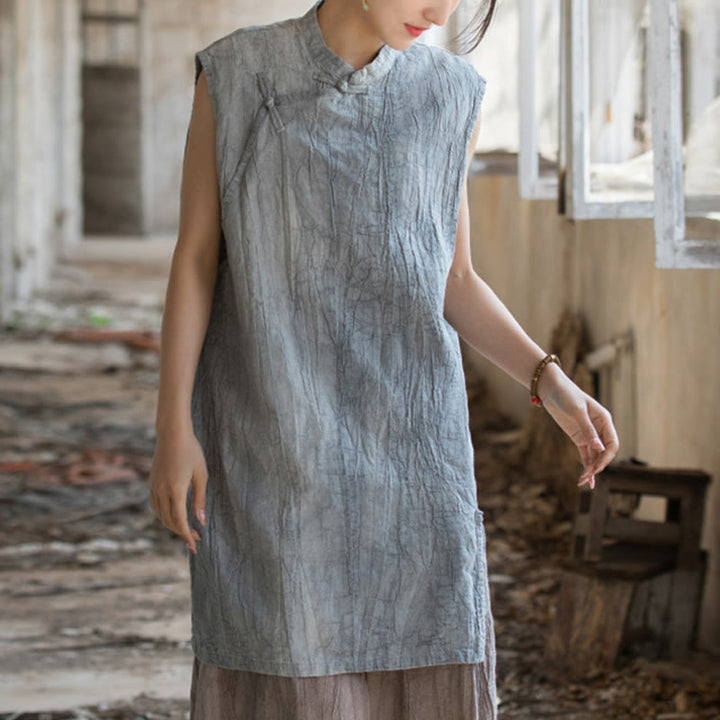 Gilet sans manches à boutons-grenouille en lin ramie teinté à la main Buddha Stones - Gris (Tour de poitrine 112 cm / Largeur d'épaules 42 cm / Longueur 84 cm) (Haut uniquement) - image 0
