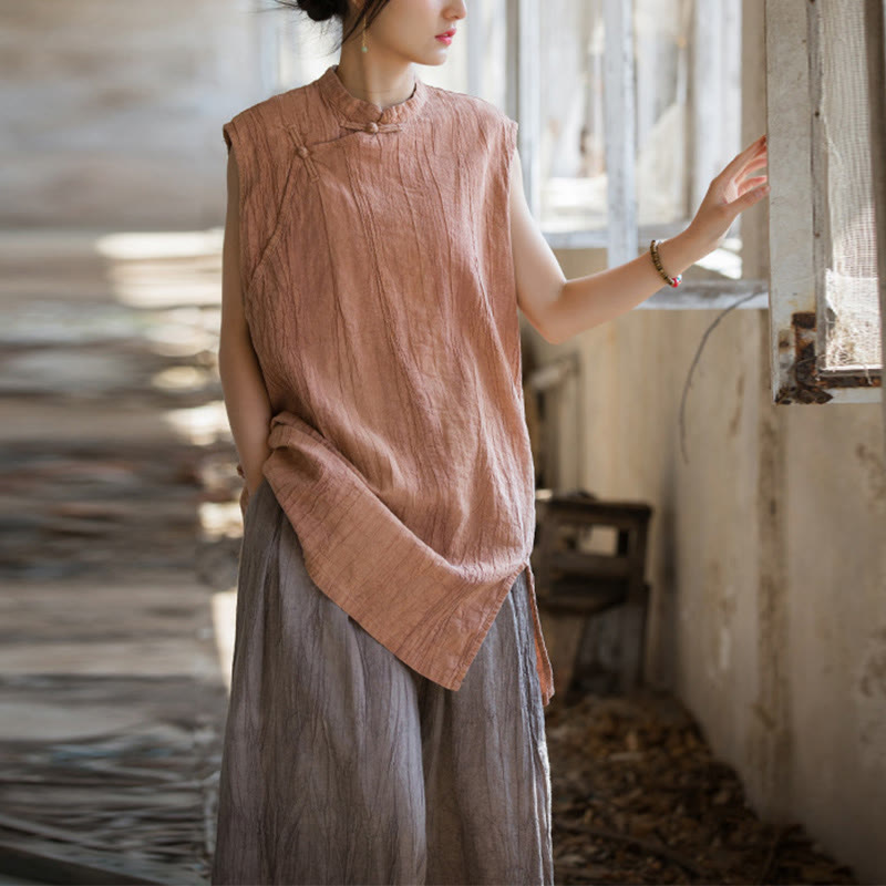 Gilet sans manches à boutons-grenouille en lin ramie teinté à la main Buddha Stones - Orange (Tour de poitrine 112 cm / Largeur d'épaules 42 cm / Longueur 84 cm) (Haut uniquement) - image 8
