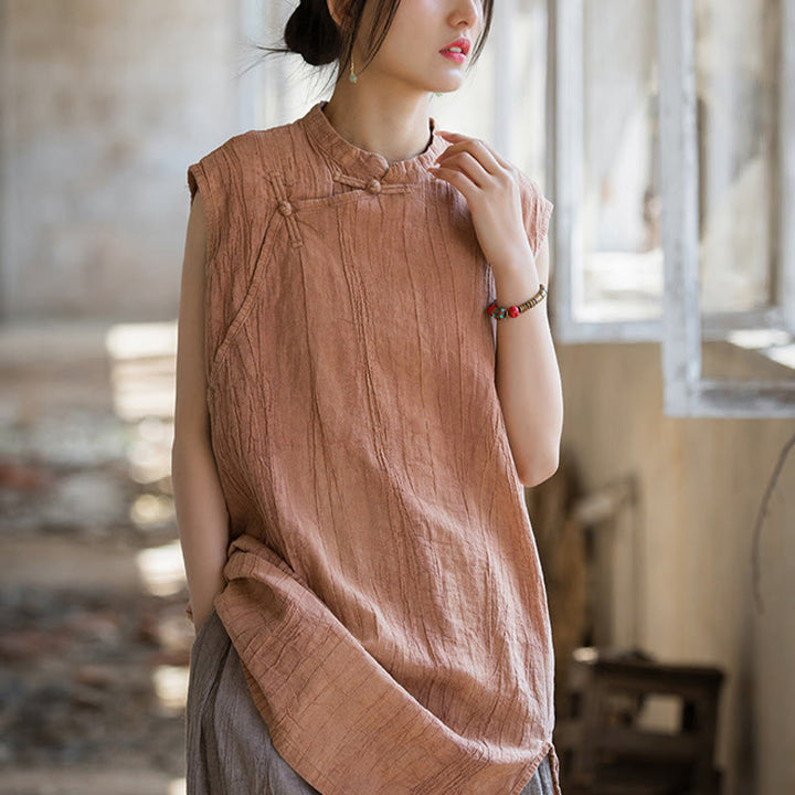 Gilet sans manches à boutons-grenouille en lin ramie teinté à la main Buddha Stones - image 10