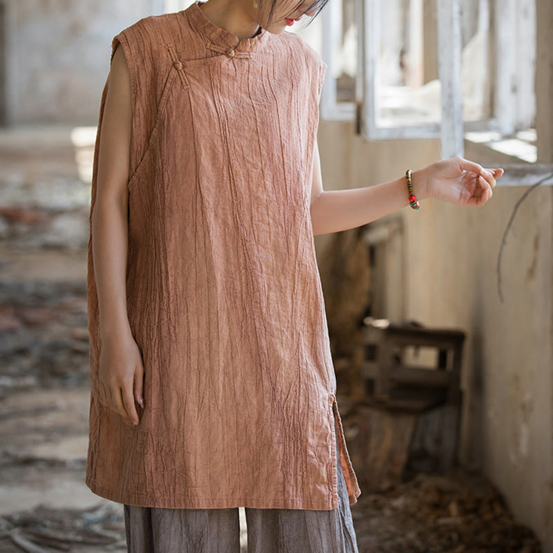 Gilet sans manches à boutons-grenouille en lin ramie teinté à la main Buddha Stones - image 9